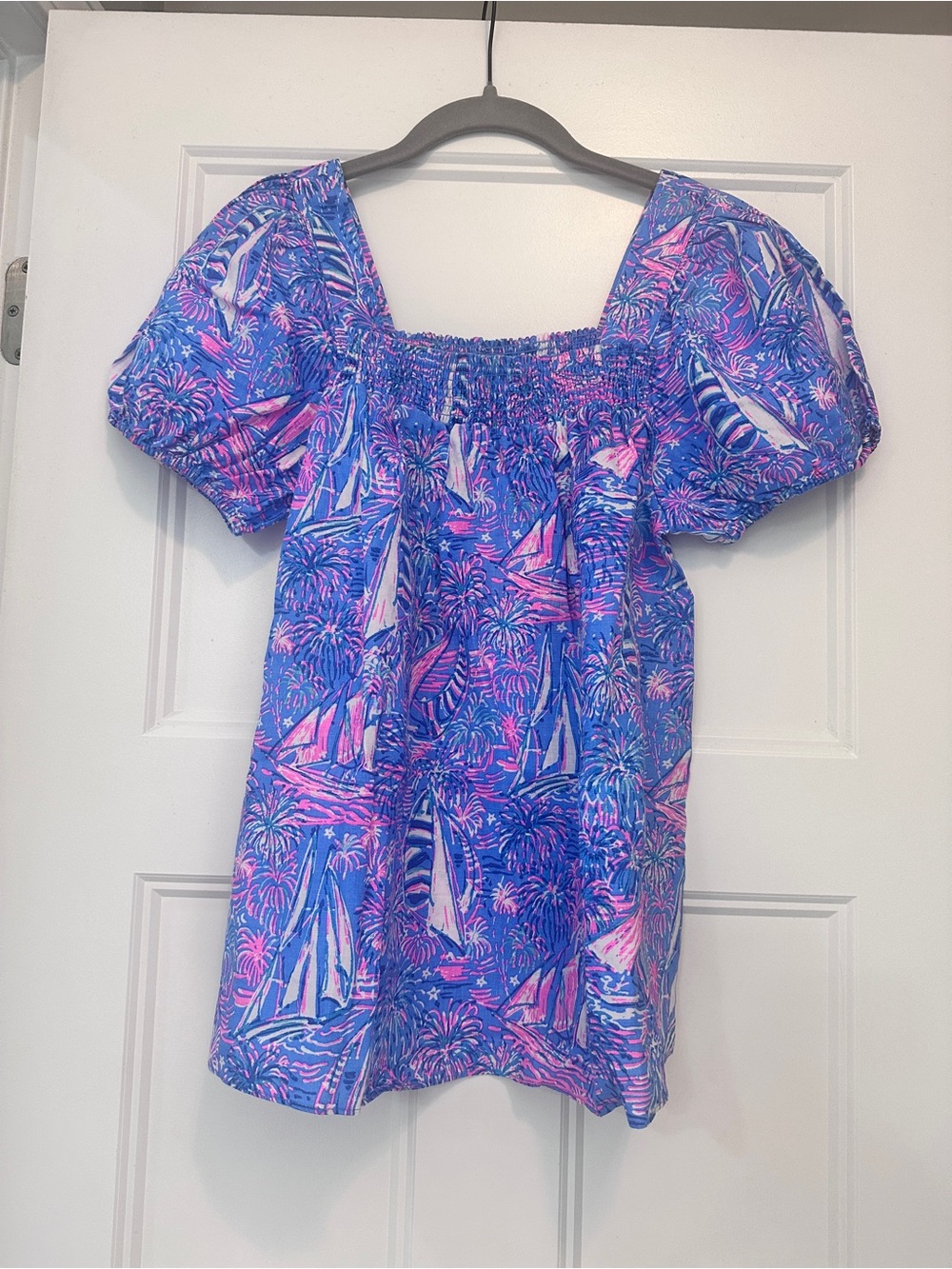 Lilly Pulitzer Keating Top Sailabration Sailboat Print Puff Sleeve 6